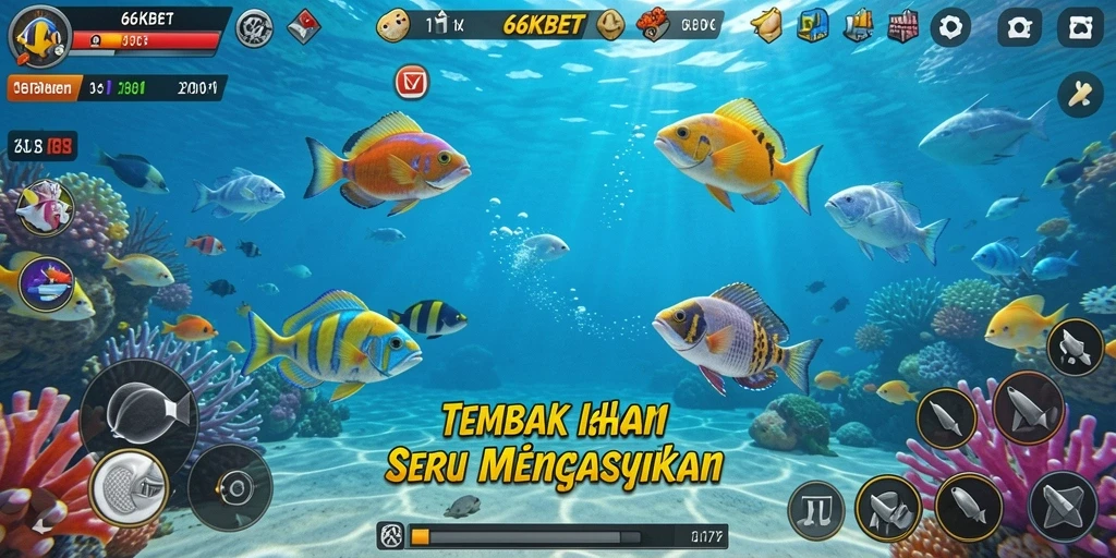 Screenshot gameplay 66KBET yang menunjukkan aksi menembak ikan yang seru.