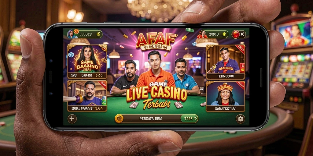 Screenshot AFAF menampilkan dealer yang menyenangkan dan permainan Live Casino yang mendebarkan.