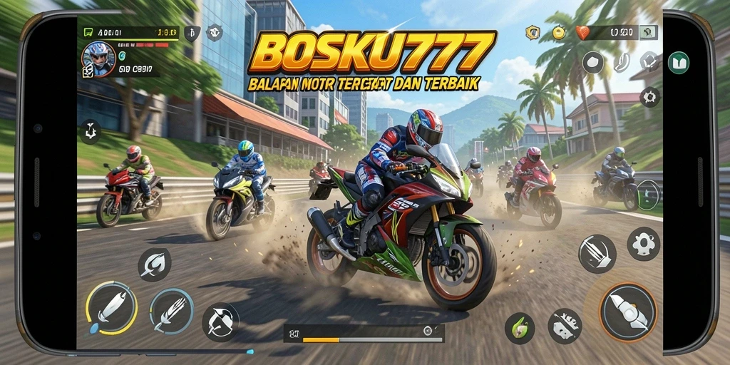 Tampilan gameplay <strong>BOSKU777</strong> menampilkan aksi balapan motor yang cepat dan mendebarkan.
