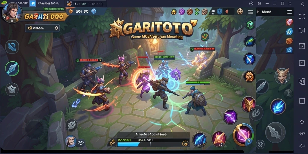 Screenshot GARITOTO menampilkan aksi pertempuran MOBA yang seru.
