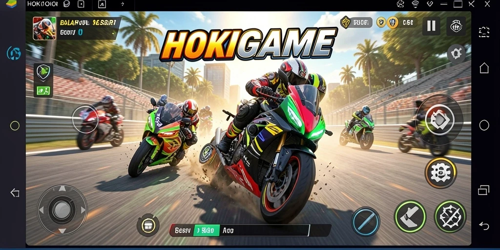 Gameplay HOKIGAME menampilkan balapan motor yang seru dan penuh aksi.
