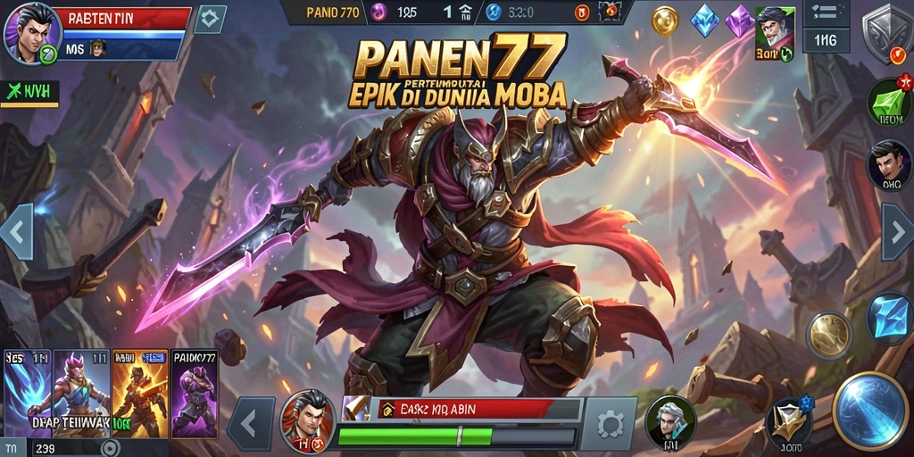 Screenshot gameplay PANEN77 menampilkan aksi pertempuran seru di arena MOBA.