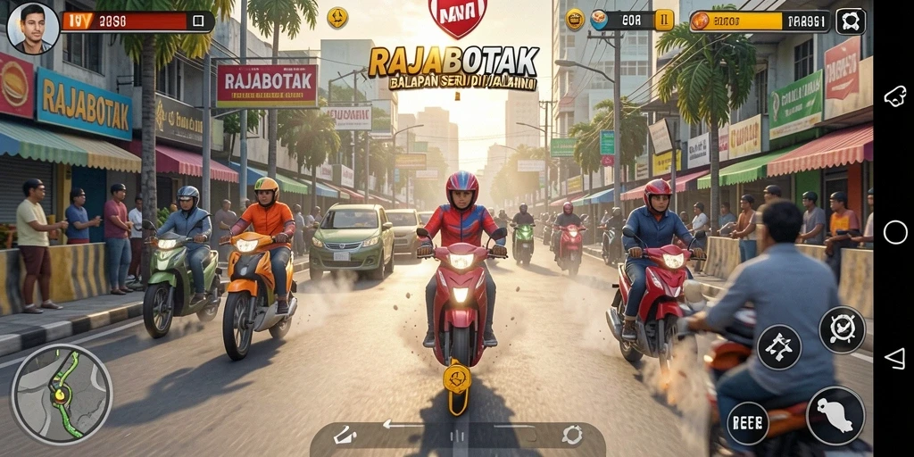Tampilan seru gameplay RAJABOTAK saat balapan di jalanan yang menantang.