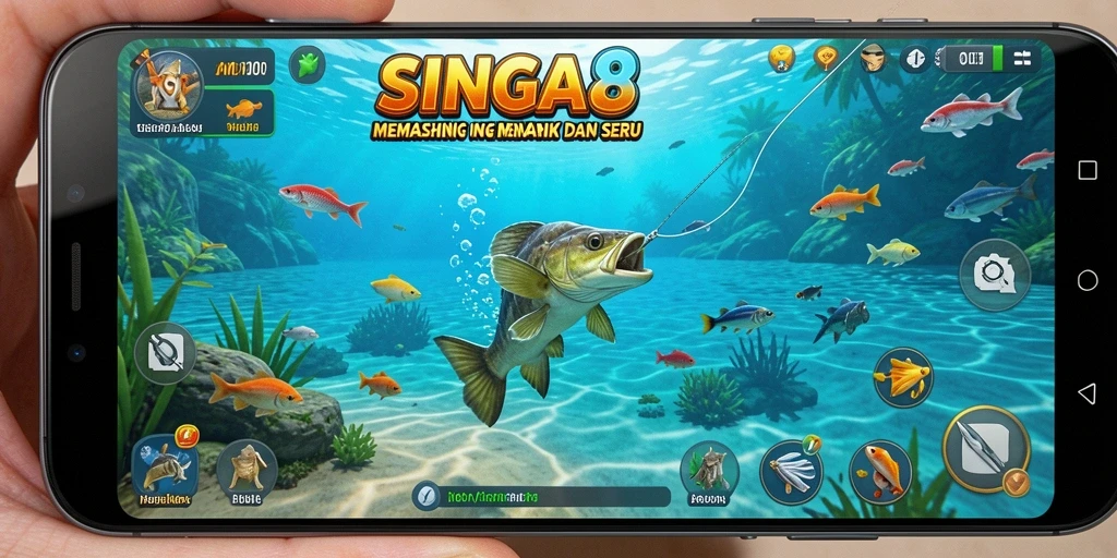 Gameplay SINGA8 menampilkan momen seru menangkap ikan di laut.