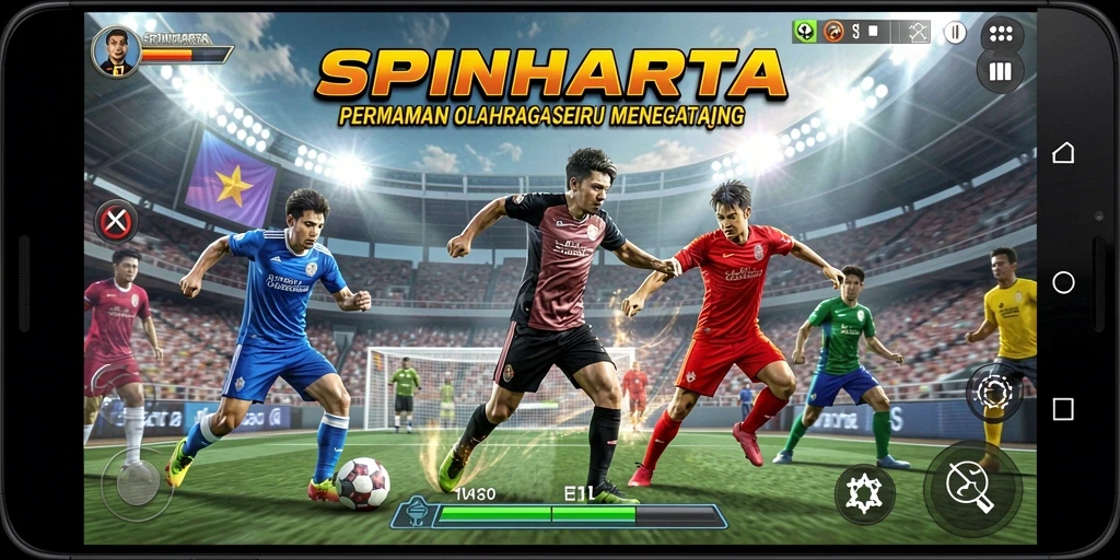 Tampilan gameplay SPINHARTA dengan aksi seru di lapangan olahraga.