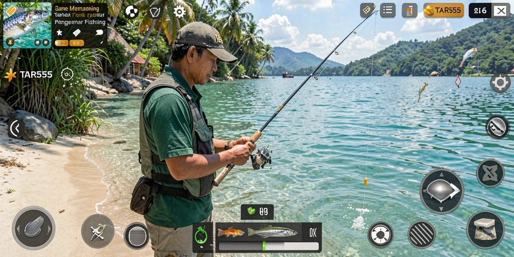 Screenshot TAR555 menunjukkan pengalaman memancing yang mendebarkan.